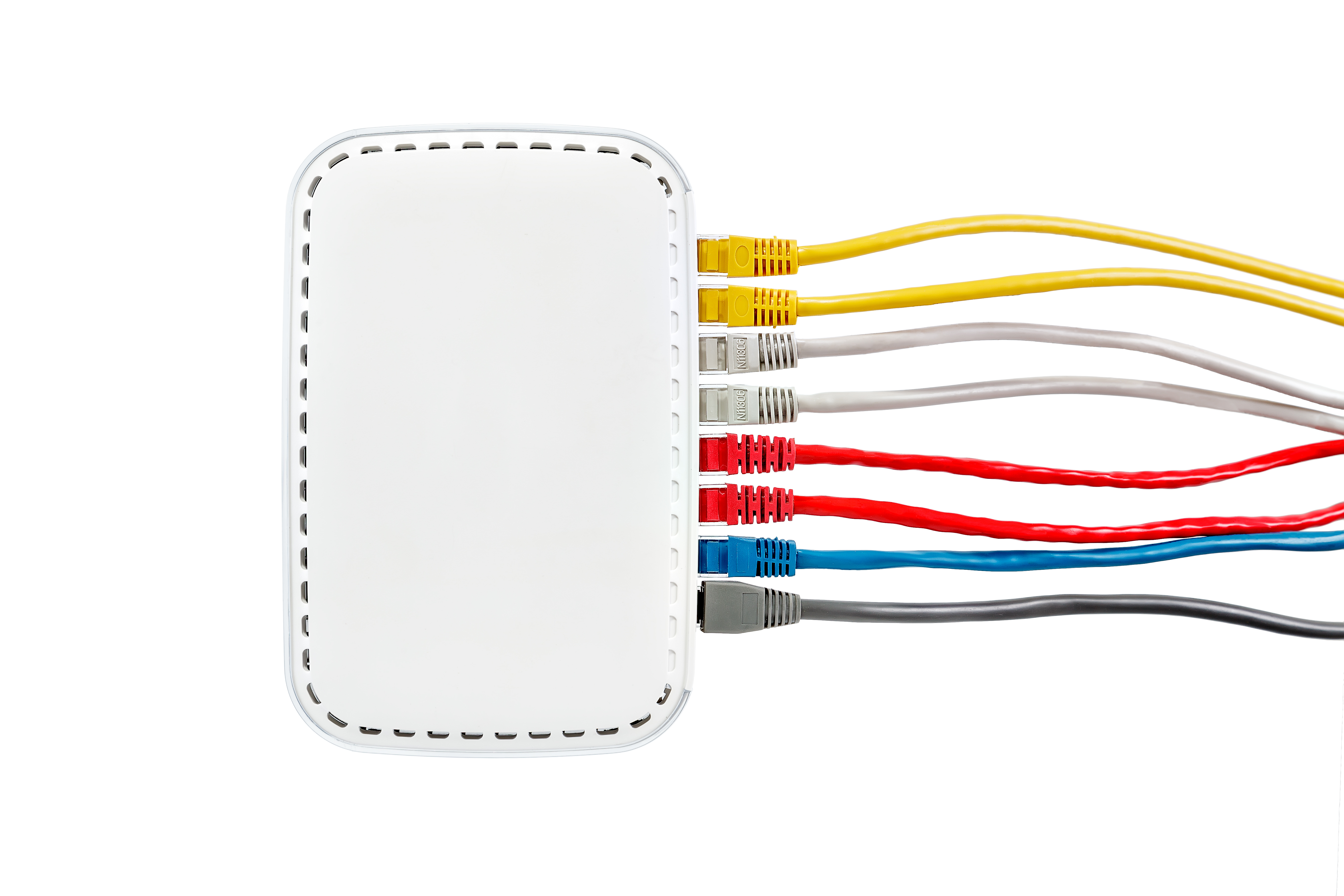 Multicolored network cables connected to router on a white background_Side view_Red, yellow, blue, gray and white Ethernet cables